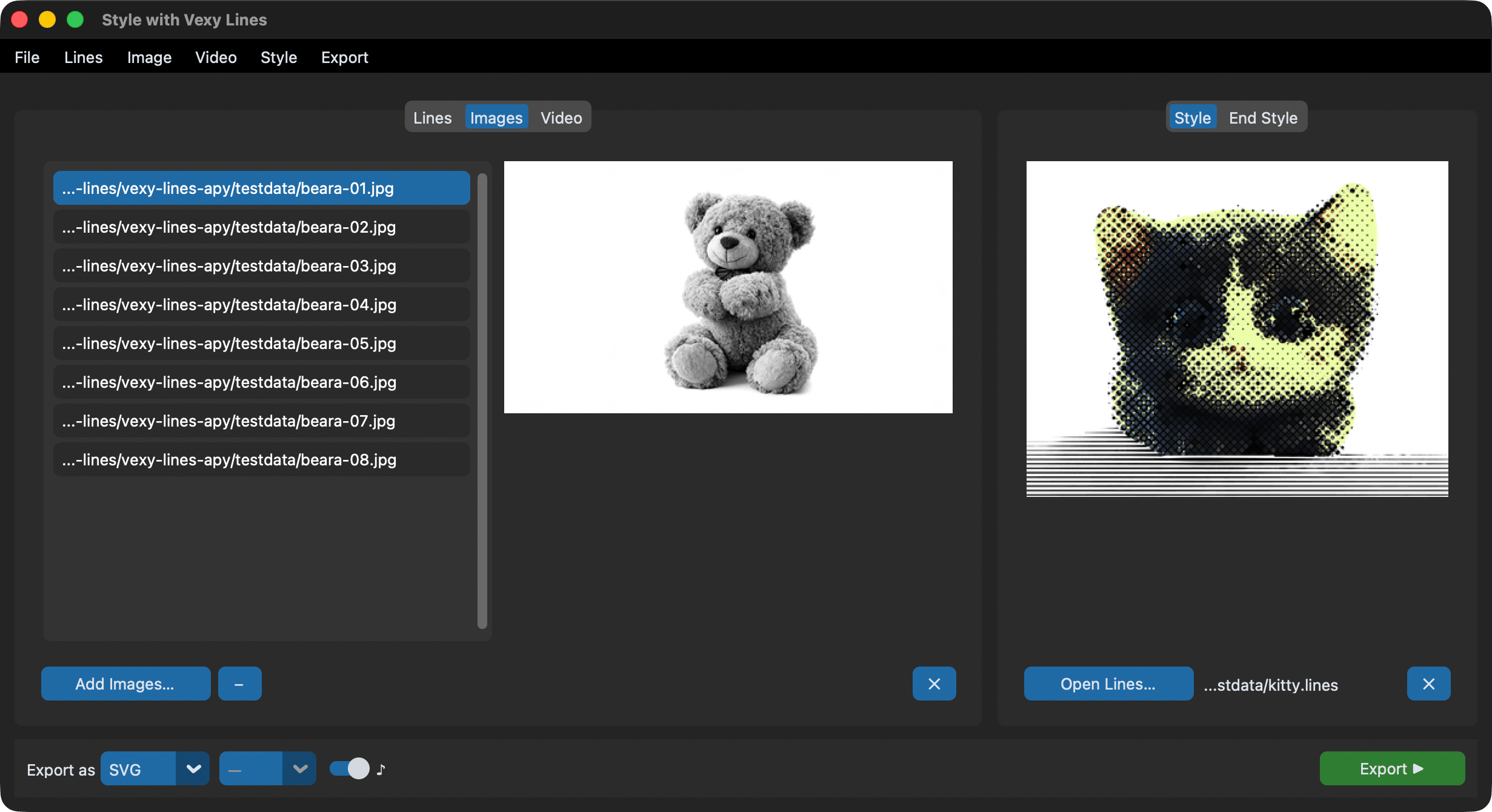 Images tab: eight bear photos listed, a teddy bear preview in the center, and a halftone cat style loaded on the right