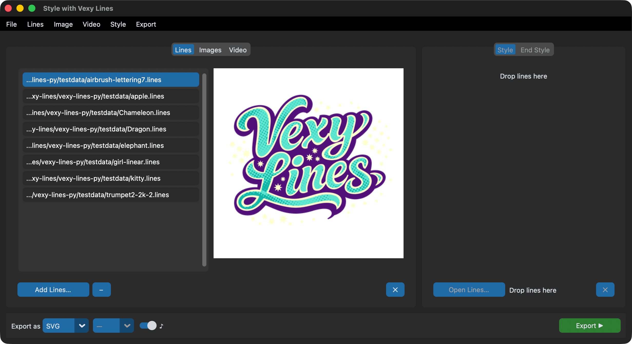 The Lines tab with nine .lines files loaded and a "Vexy Lines" lettering preview
