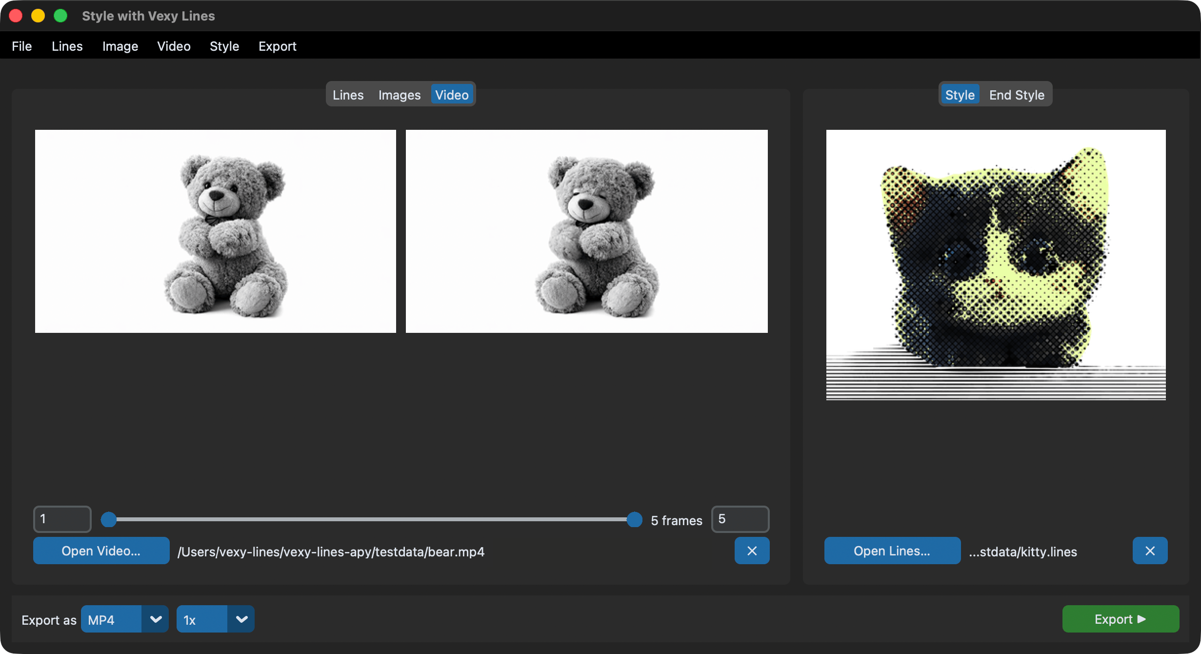 Video tab: first and last frames of a teddy bear video side by side, a range slider set to frames 1–5, and a halftone cat style loaded